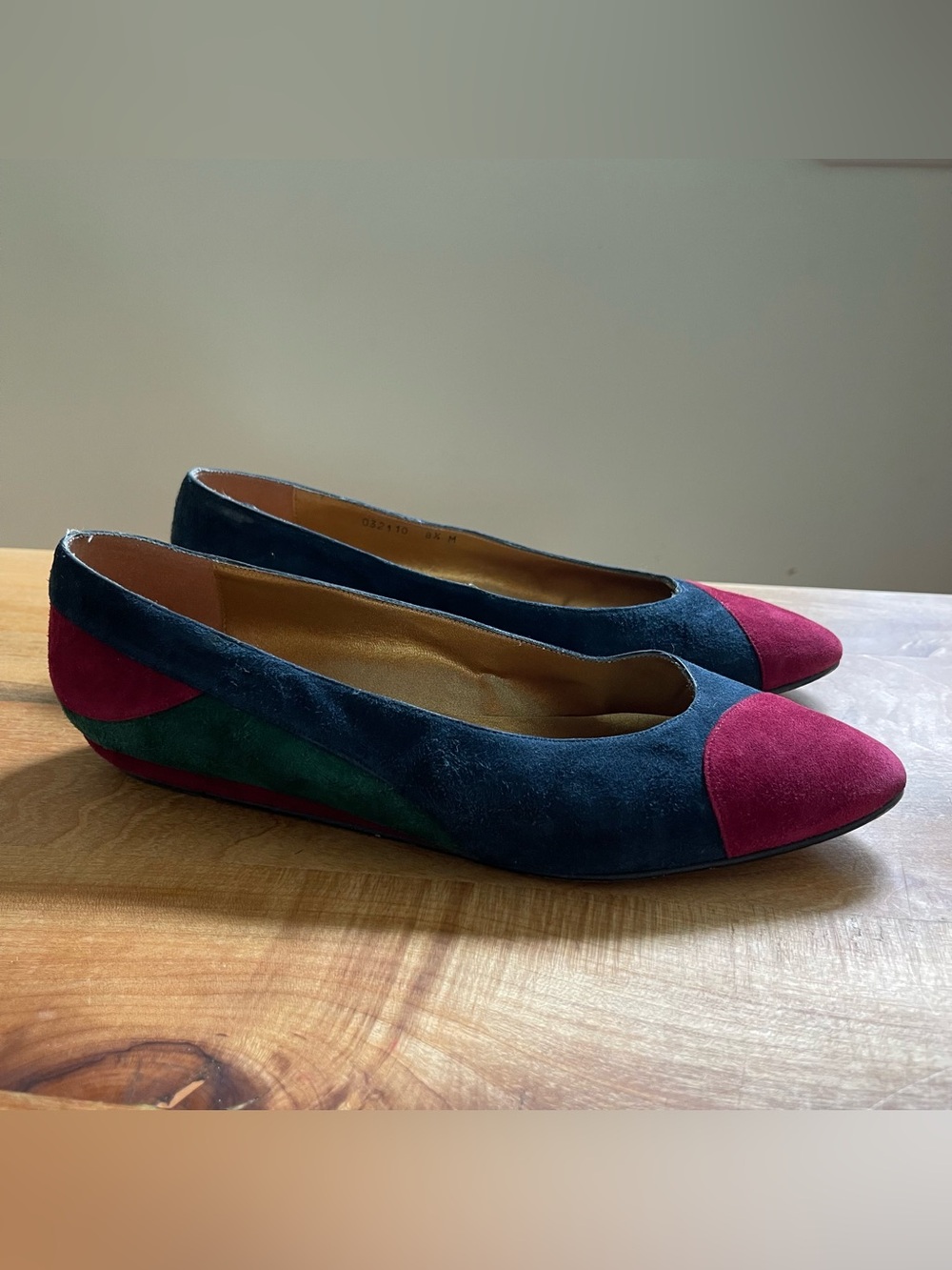 Vintage 90s Proxy Suede Color Block Flats Navy Blue Green Burgundy Size 8.5